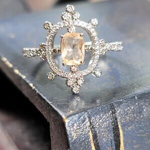 Elegant Rhodium Plated Simulated Champagne Gemstone Ring, Size 10